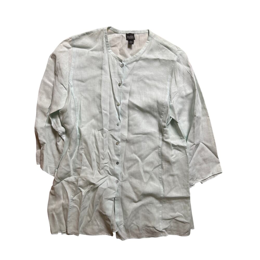 Eileen Fisher Women Blouse Light Teal Size Large 100% Linen
